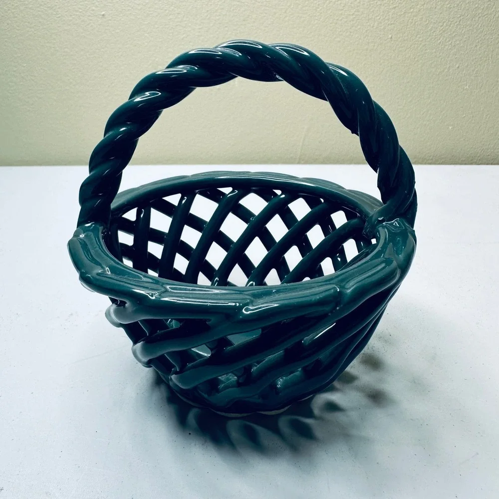 Vintage Hunter Green Ceramic Lattice Basket Woven Rope Handle Decorative Bowl 5